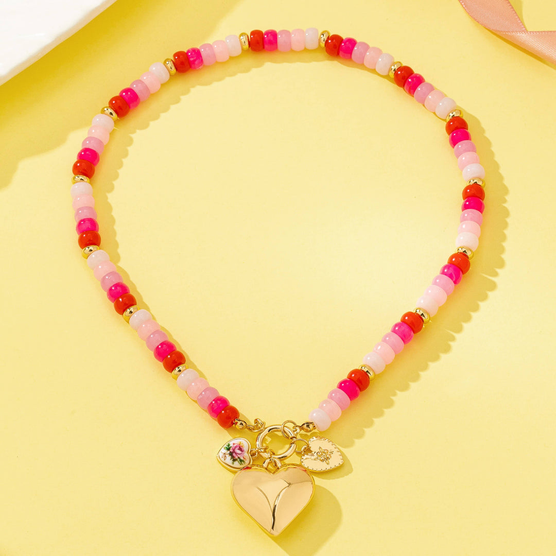 Sweetheart Beaded Porcelain Heart Charm Necklace
