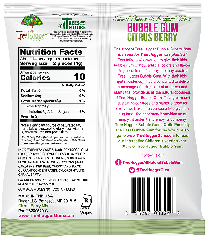Tree Hugger Bubble Gum Citrus Berry 12 x 2 oz bags / Display