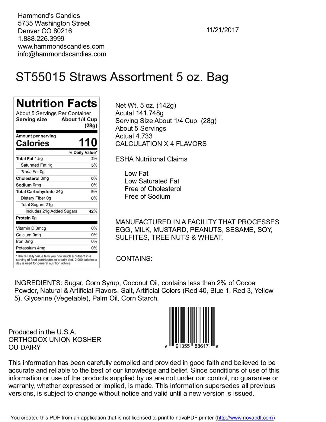 Classic Candy - Filled Straws - Holiday Mix - 5 oz Gift Bag