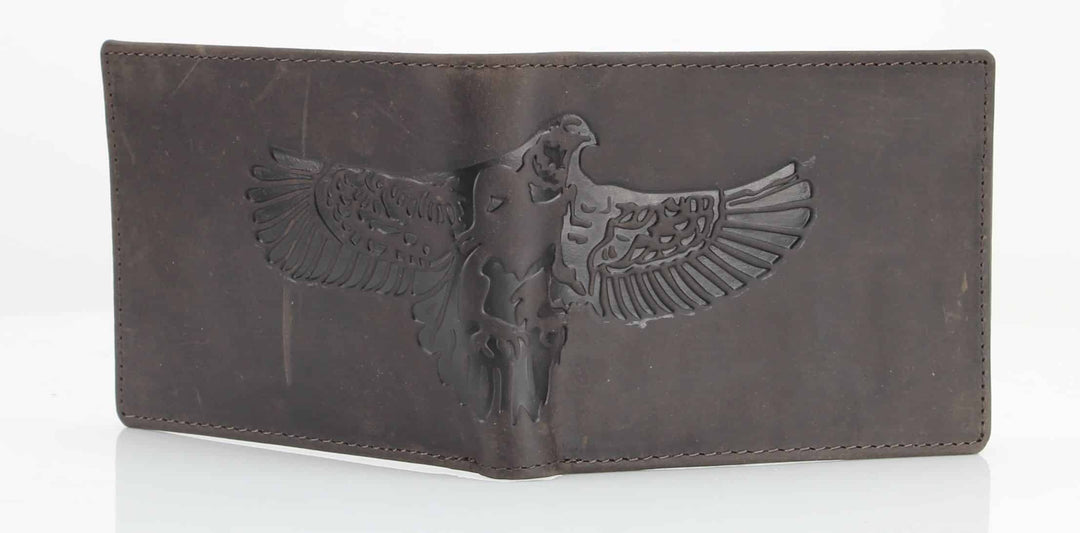 American Bison Bird Embossed Leather Mens Bi Fold Wallet