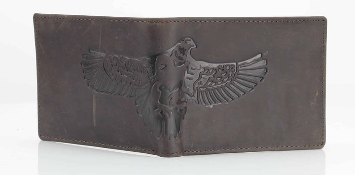 American Bison Bird Embossed Leather Mens Bi Fold Wallet