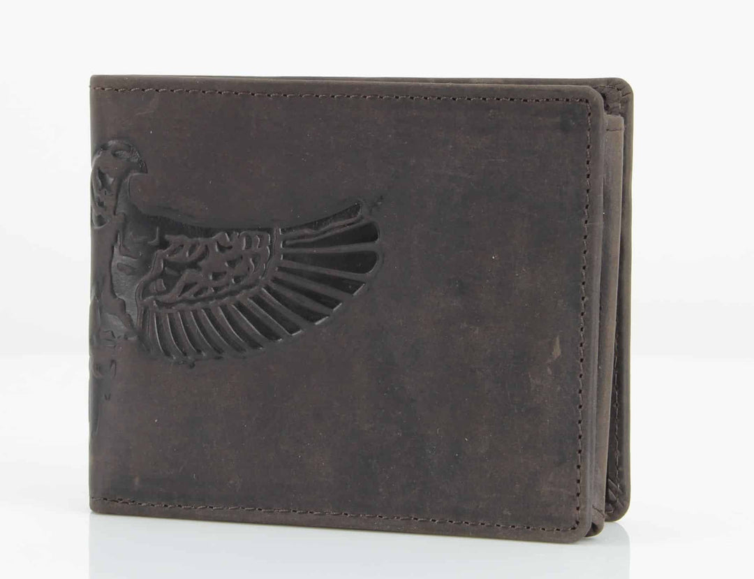 American Bison Bird Embossed Leather Mens Bi Fold Wallet