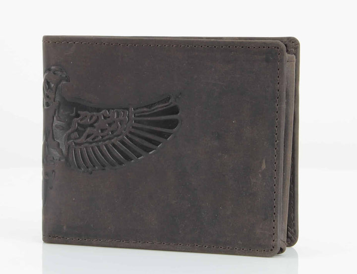 American Bison Bird Embossed Leather Mens Bi Fold Wallet