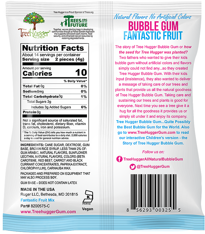 Tree Hugger Bubble Gum Fantastic Fruit 12 x 2oz Bags/Display