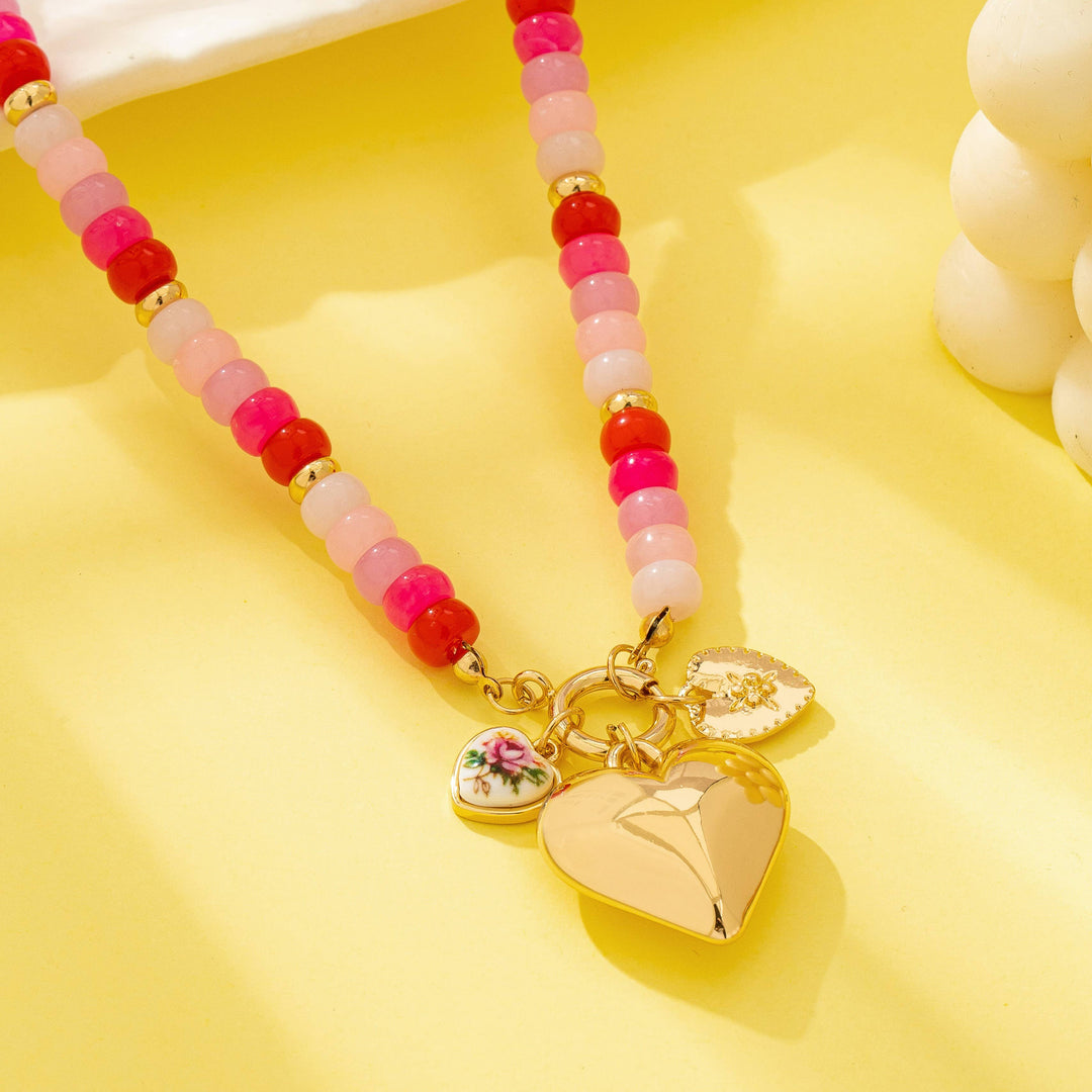 Sweetheart Beaded Porcelain Heart Charm Necklace