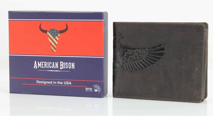 American Bison Bird Embossed Leather Mens Bi Fold Wallet