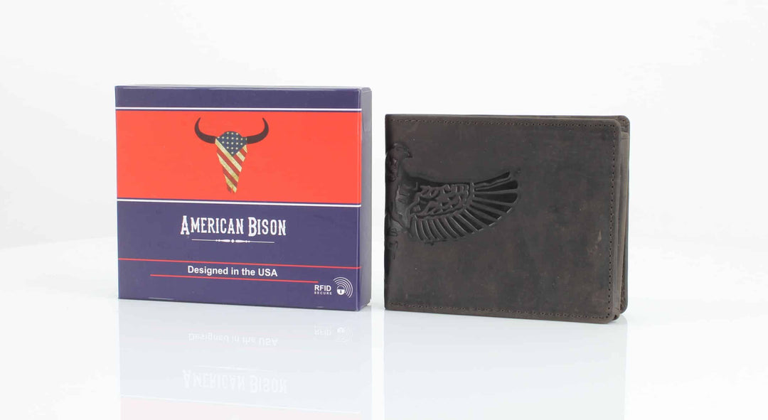 American Bison Bird Embossed Leather Mens Bi Fold Wallet