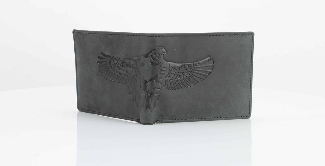 American Bison Bird Embossed Leather Mens Bi Fold Wallet