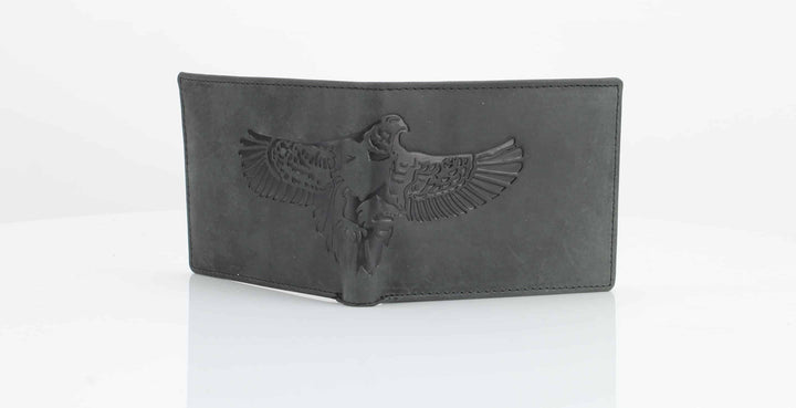 American Bison Bird Embossed Leather Mens Bi Fold Wallet