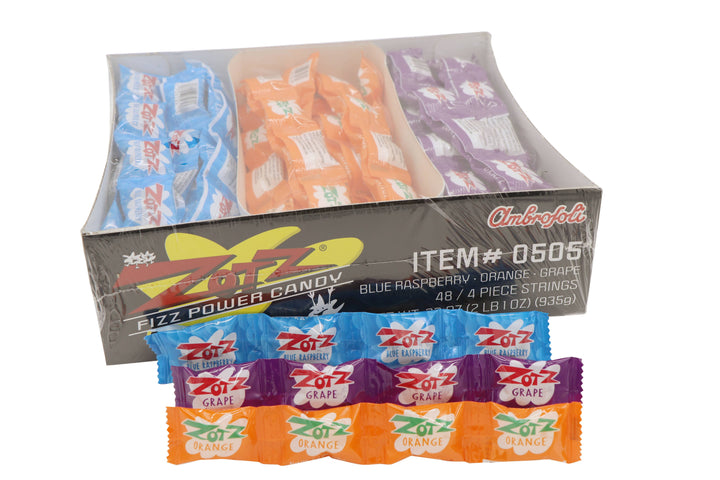 Zotz Fizzing Candy Strings, Blue/Orange/Grape 48ct