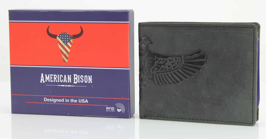 American Bison Bird Embossed Leather Mens Bi Fold Wallet