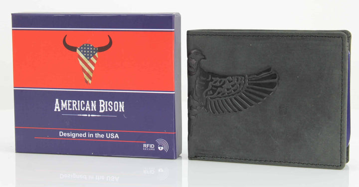 American Bison Bird Embossed Leather Mens Bi Fold Wallet