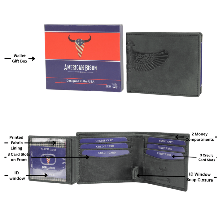 American Bison Bird Embossed Leather Mens Bi Fold Wallet