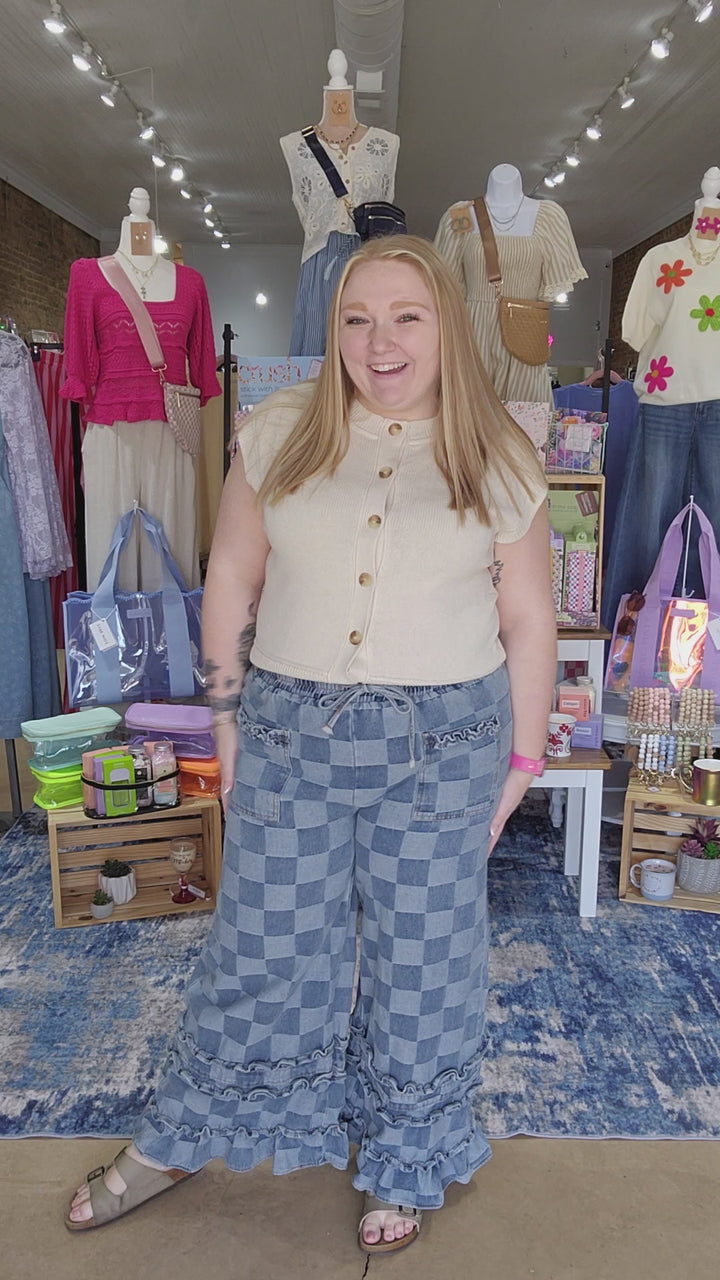 Washed Checkerboard Denim Ruffle Pants