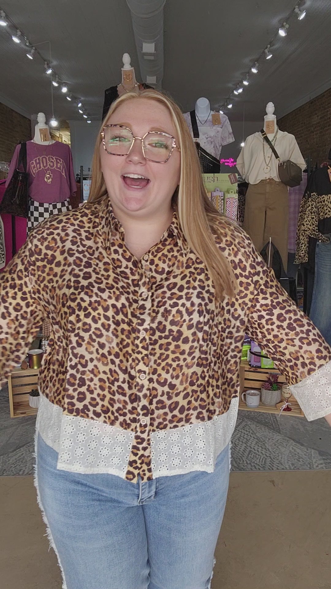 Eyelet Sleeve Leopard Button Down Top