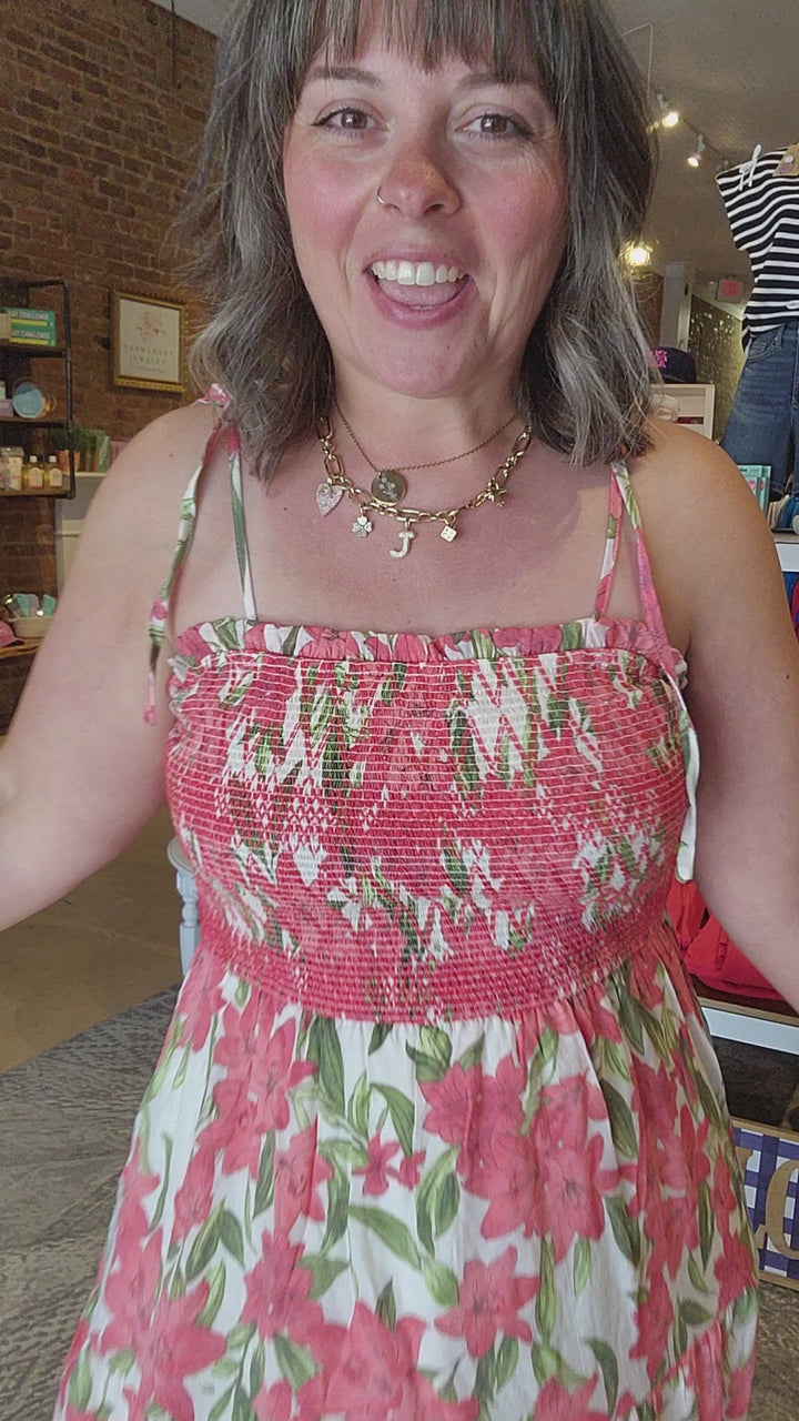 Red Floral Tie Shoulder Dress