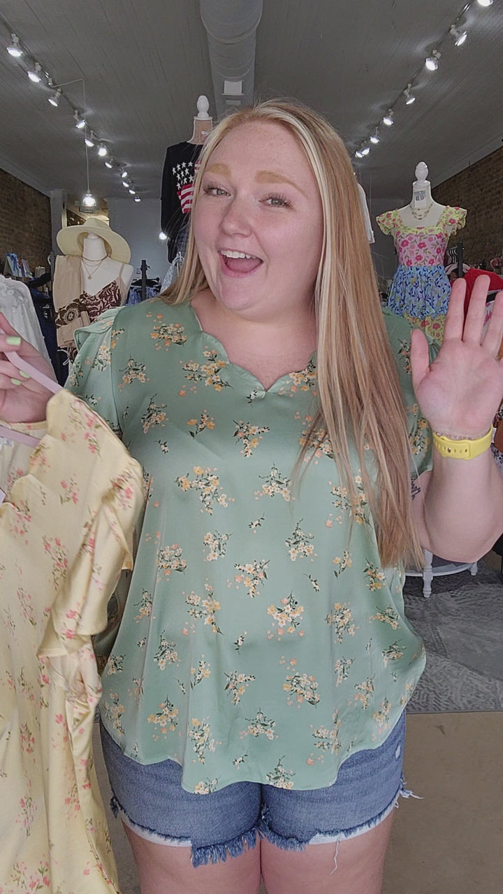 Floral Print Scalloped V-neck Satin Blouse