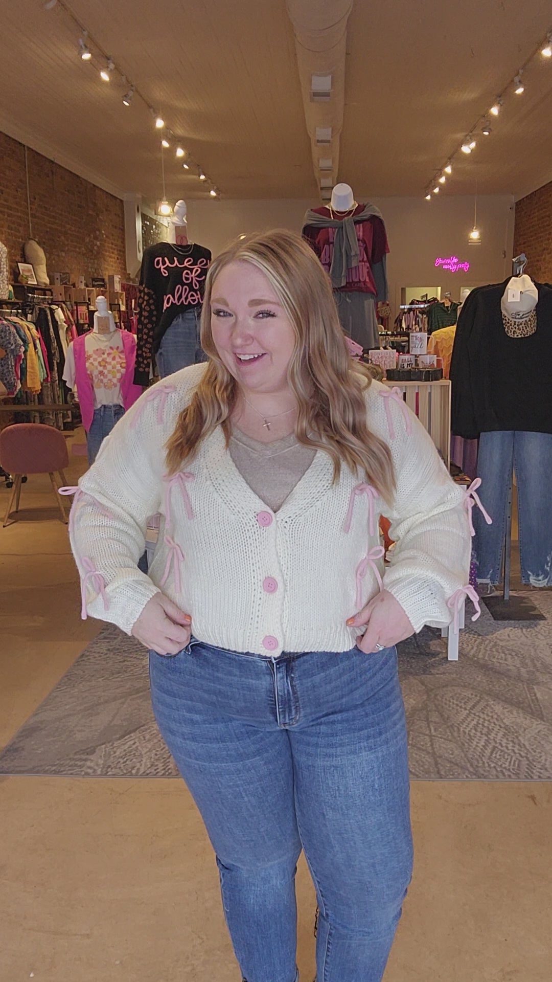 Pink Bow Button Sweater