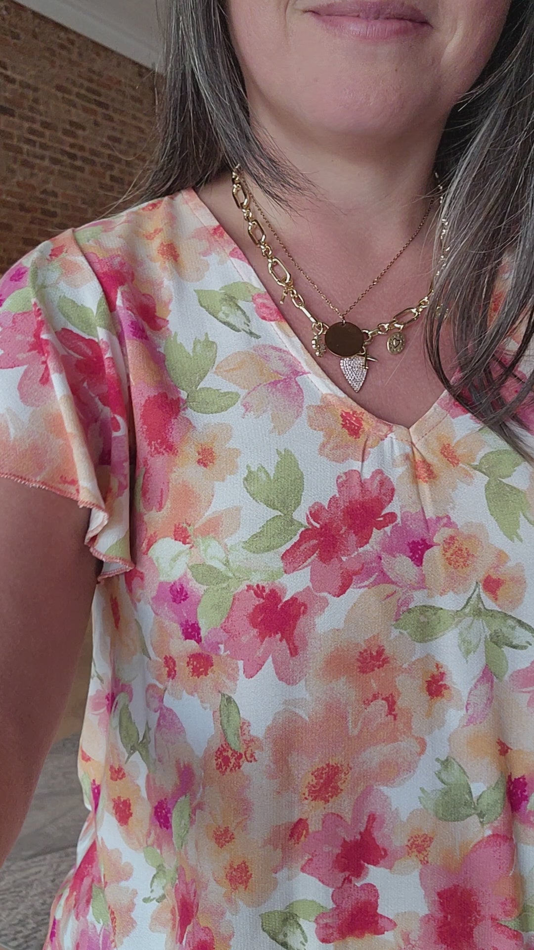 Coral Floral V Neck Blouse