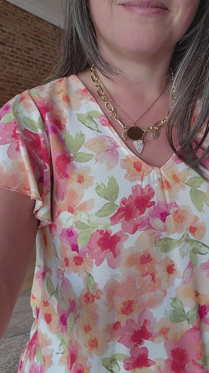 Coral Floral V Neck Blouse