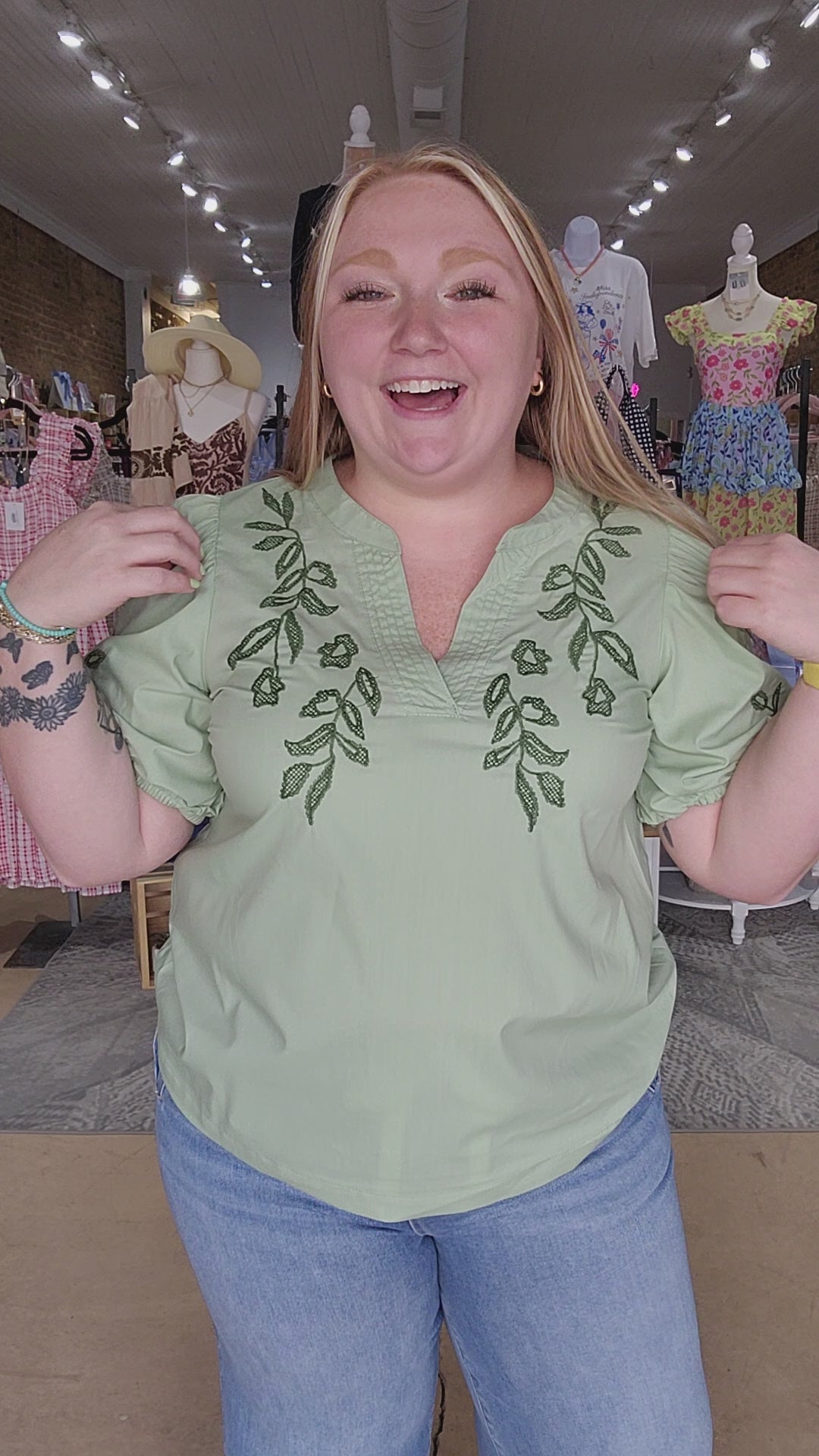 Sage Embroidered Peasant Blouse