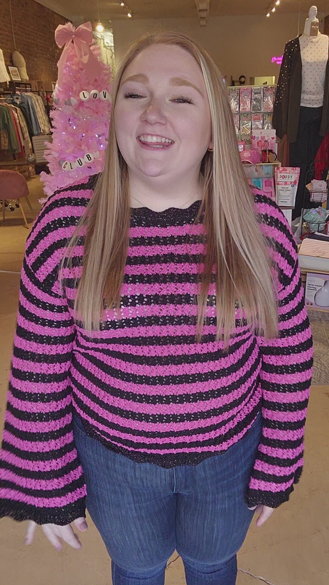 Pink and Black Stripe Pointelle Sweater