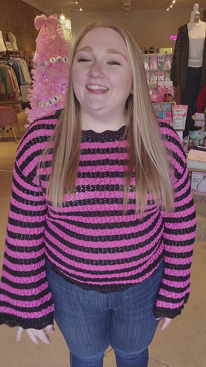 Pink and Black Stripe Pointelle Sweater