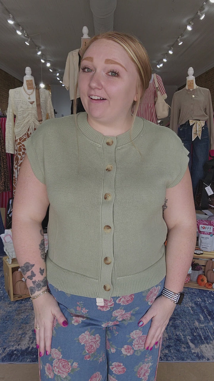 Sage Exposed Seam Short Sleeve Button Cardigan