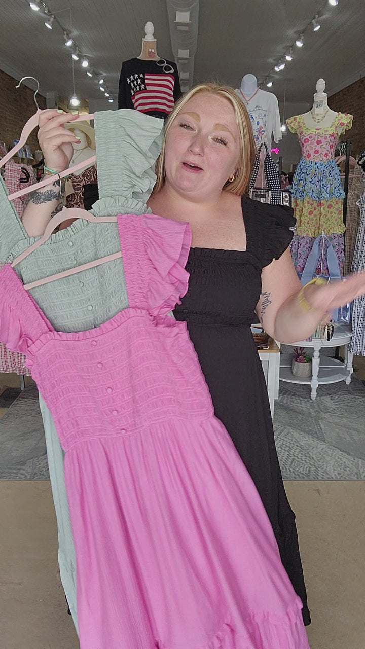 Mock Button Smocked Midi Dress