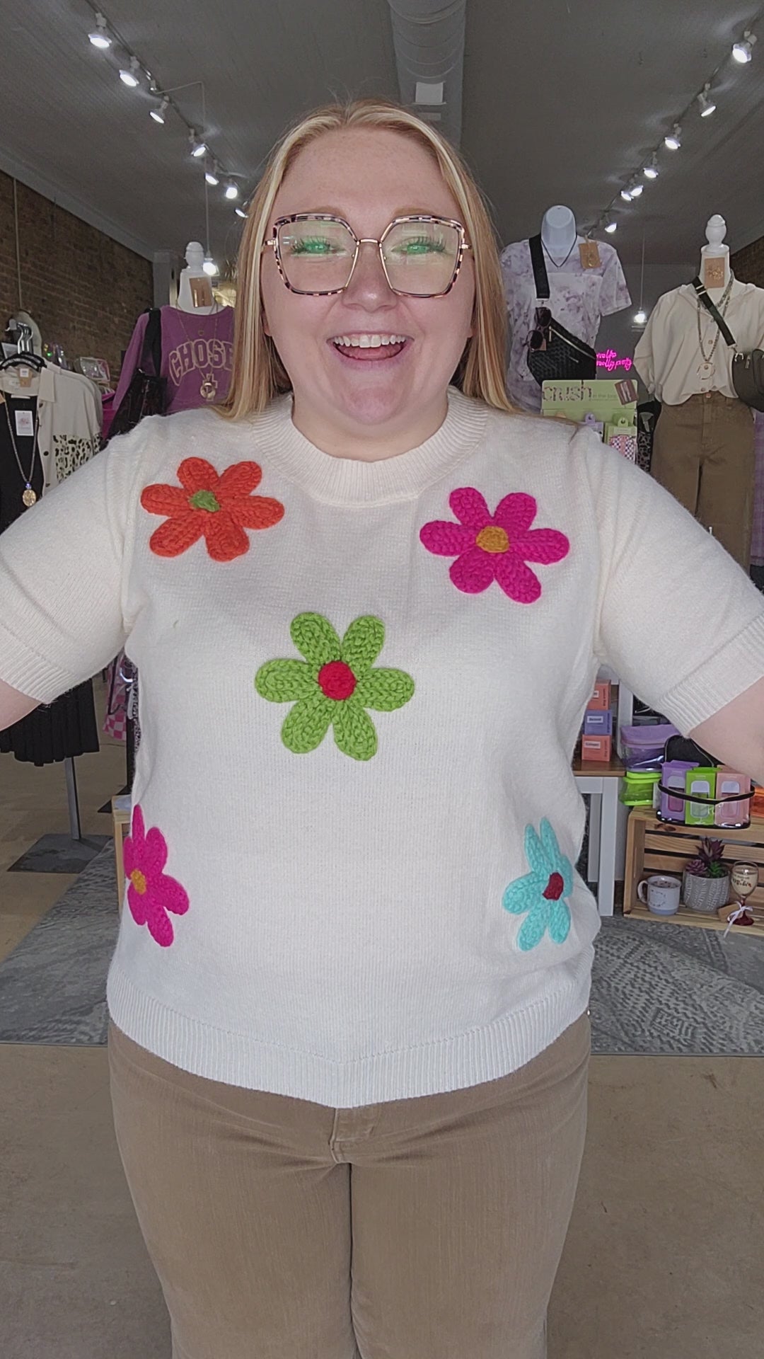Crochet Flower Short Sleeve Sweater