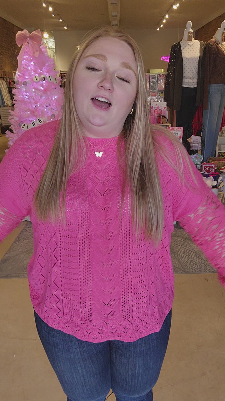 Pink Embroidered Lace Sleeve Sweater