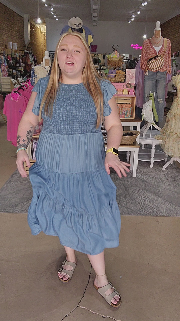 Smocked Chambray Midi Dress