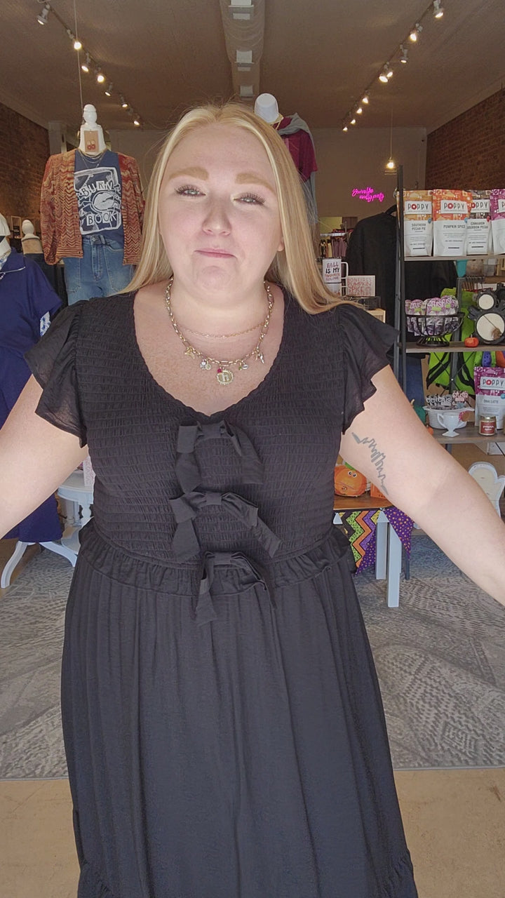 Black Smocked Bow Front Dress