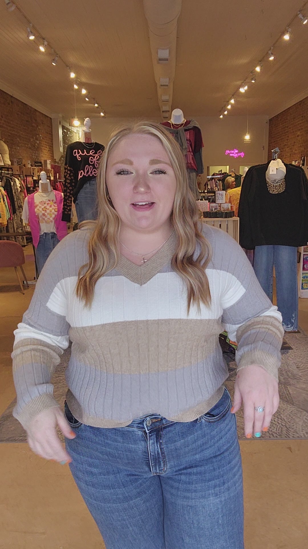 Neutral Striped Rib Knit Sweater