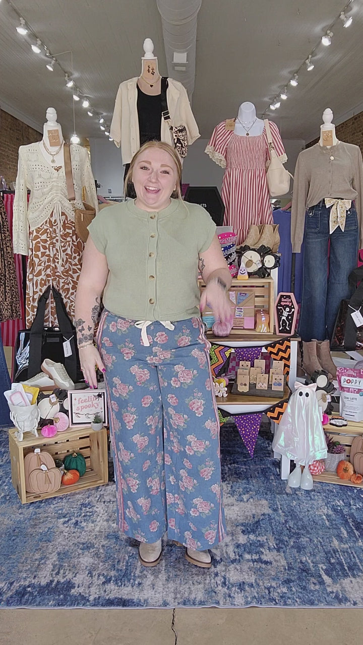 Floral Denim Pants with Lace Side Detail