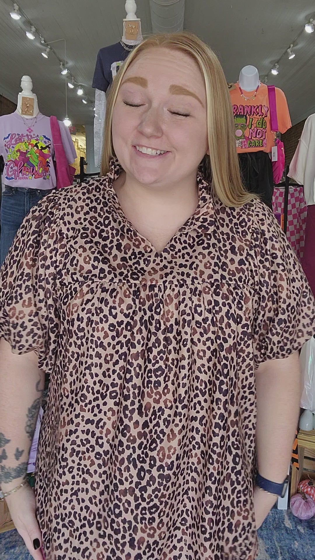 Leopard Ruffle Notch Neck Top