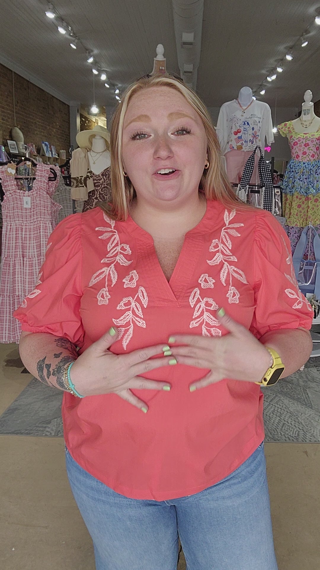 Salmon Embroidered Peasant Blouse