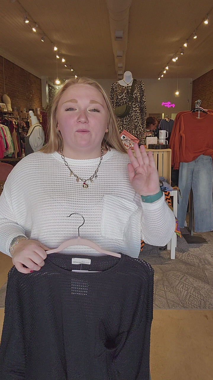 Long Sleeve Waffle Front Pocket Top