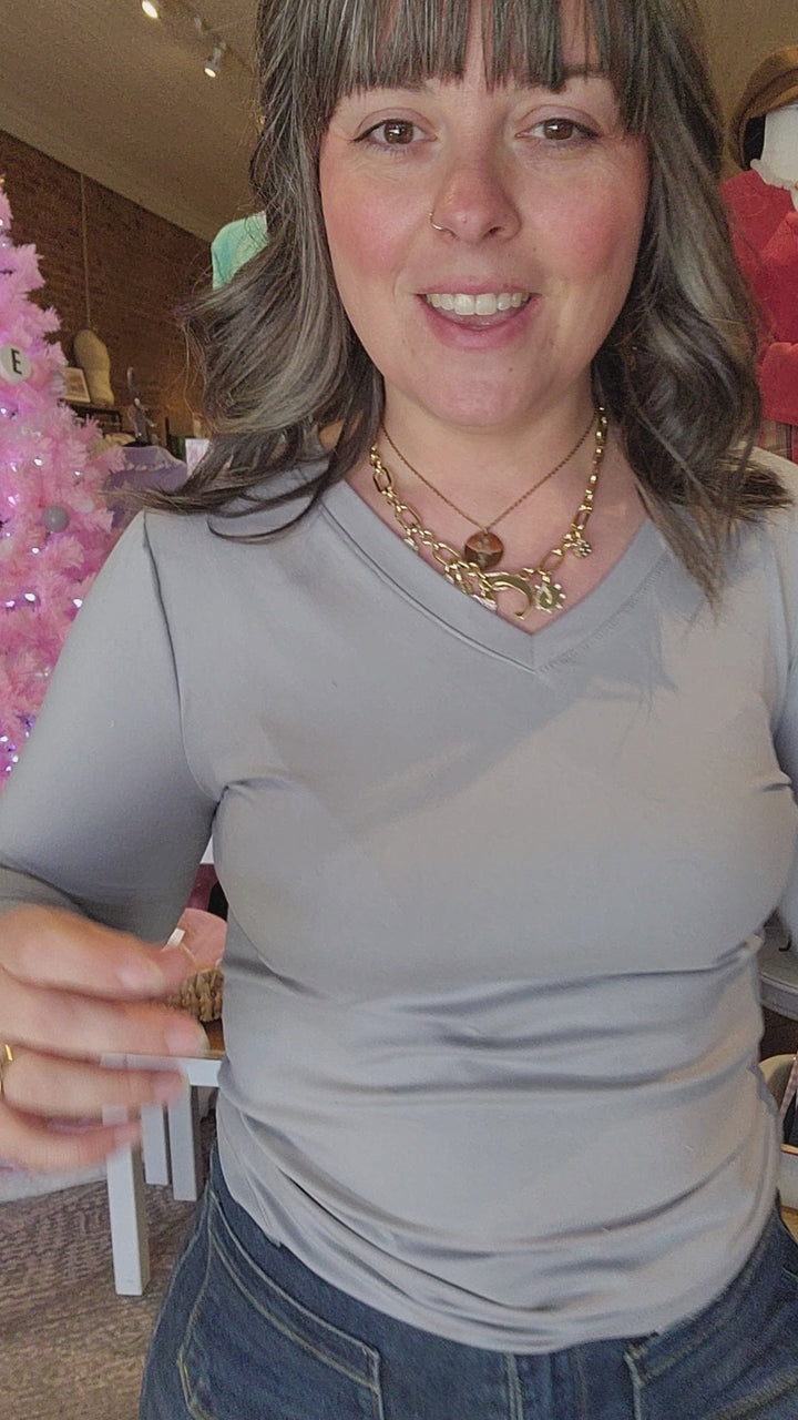 Buttery Grey V Neck Long Sleeve