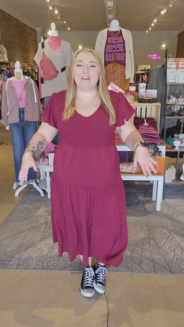 Wine V Neck Smocked Dress