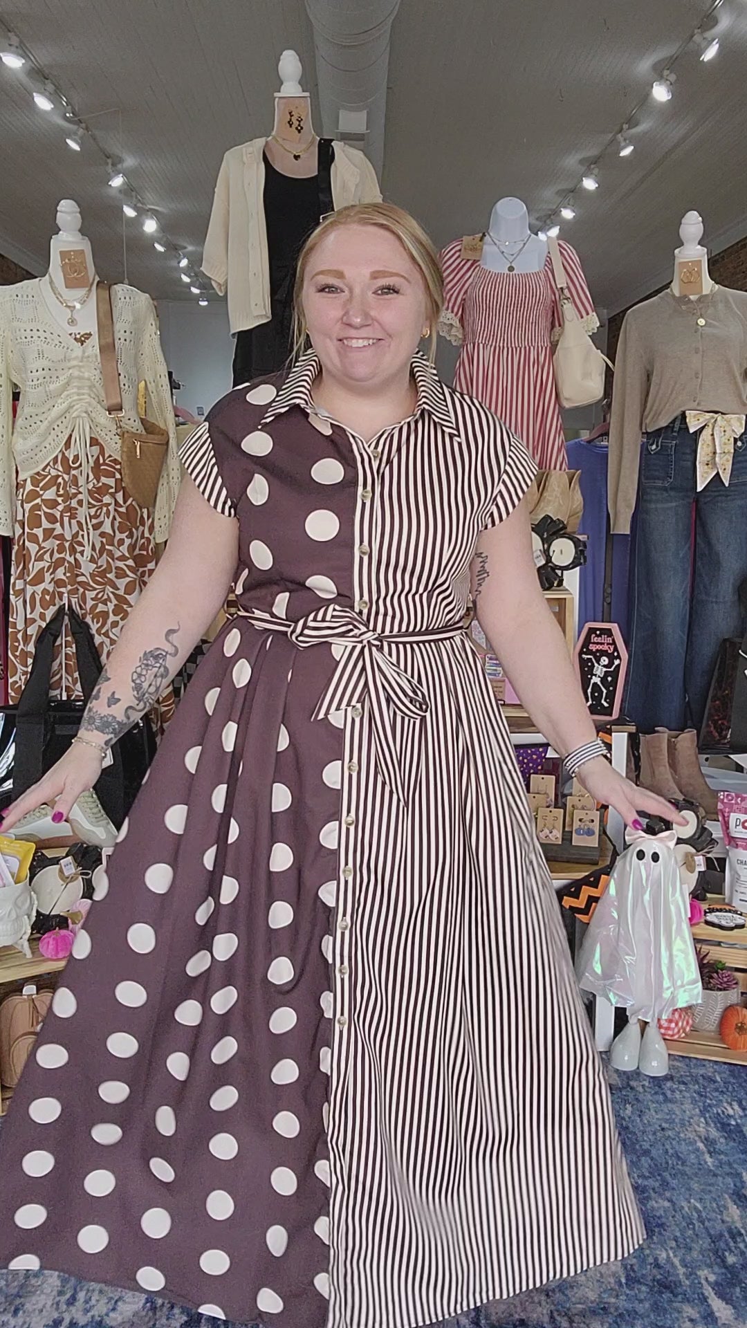 Contrast Dot Stripe Shirt Dress