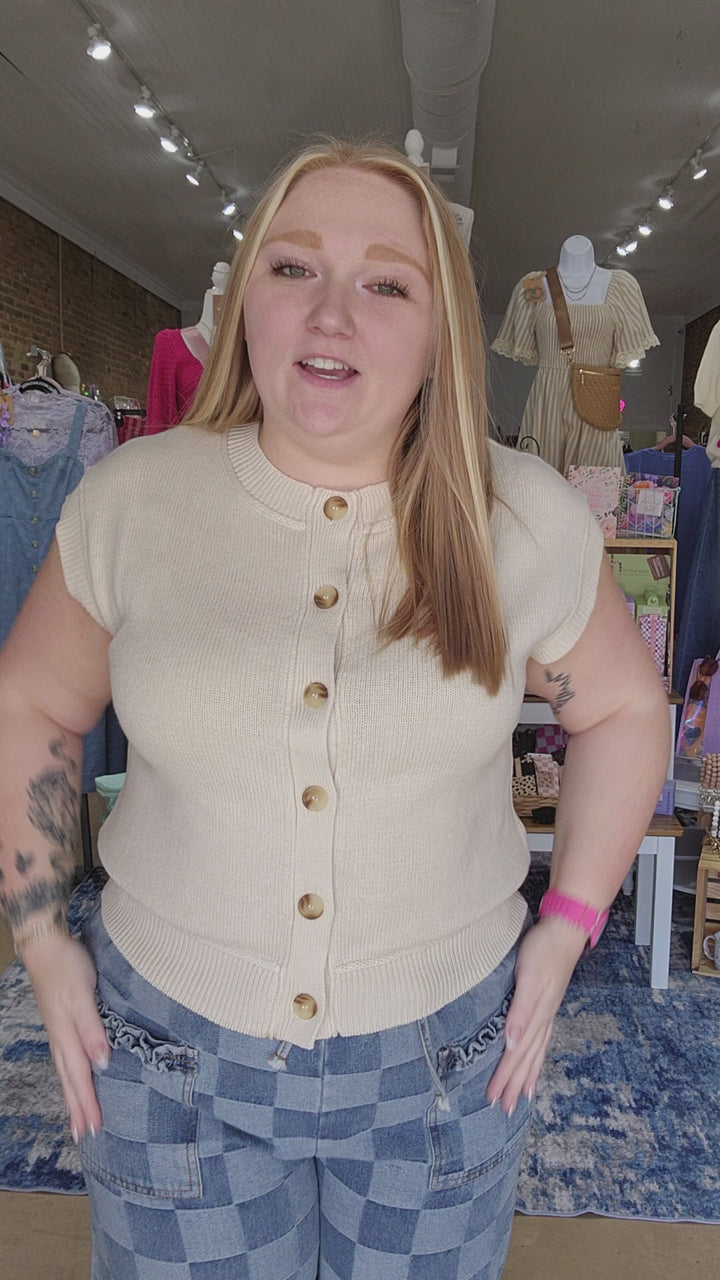 Exposed Seam Short Sleeve Button Cardigan