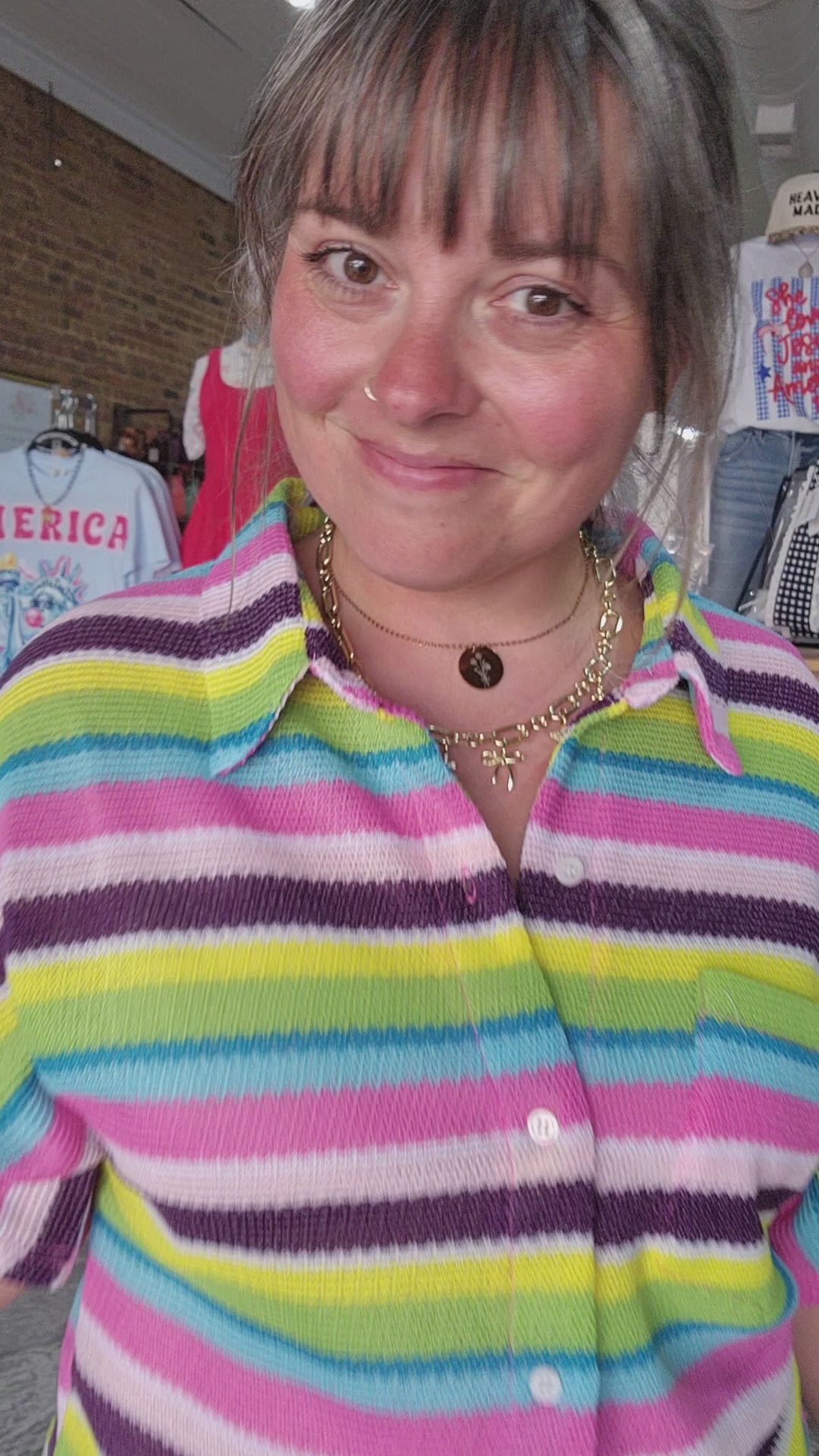 Multi Color Strip Button Up Top