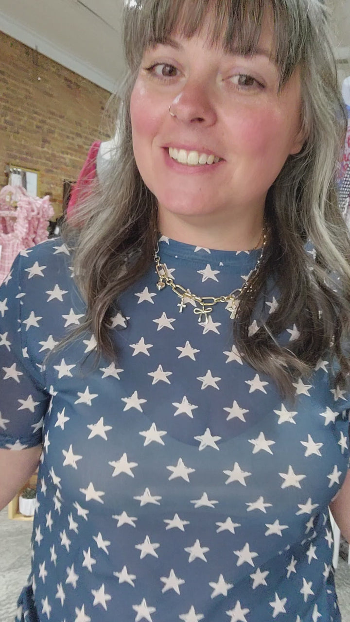 Navy Star Mesh Top