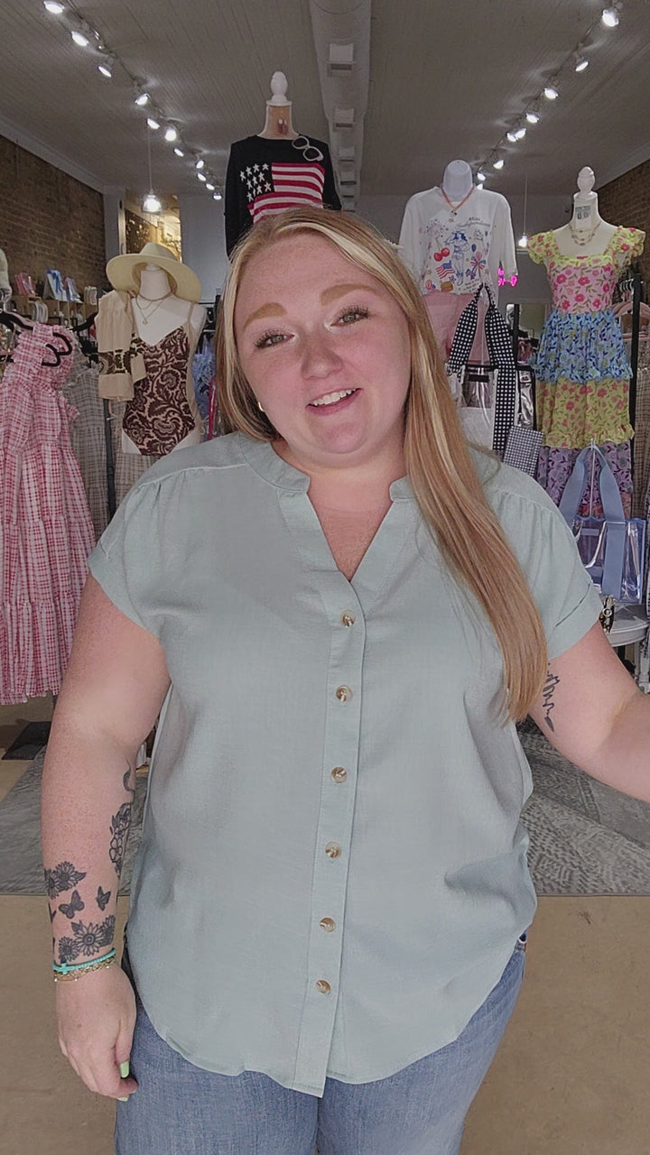 Mint Lightweight Cuffed Sleeve Buttondown Top
