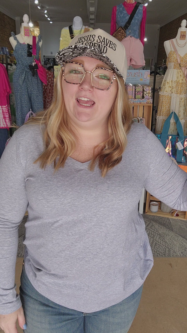 Grey V Neck Long Sleeve Tee