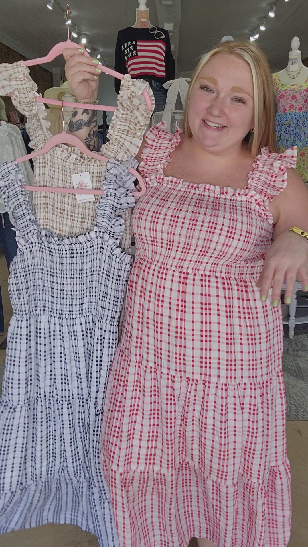 Plaid Smocked Tiered Midi Dress