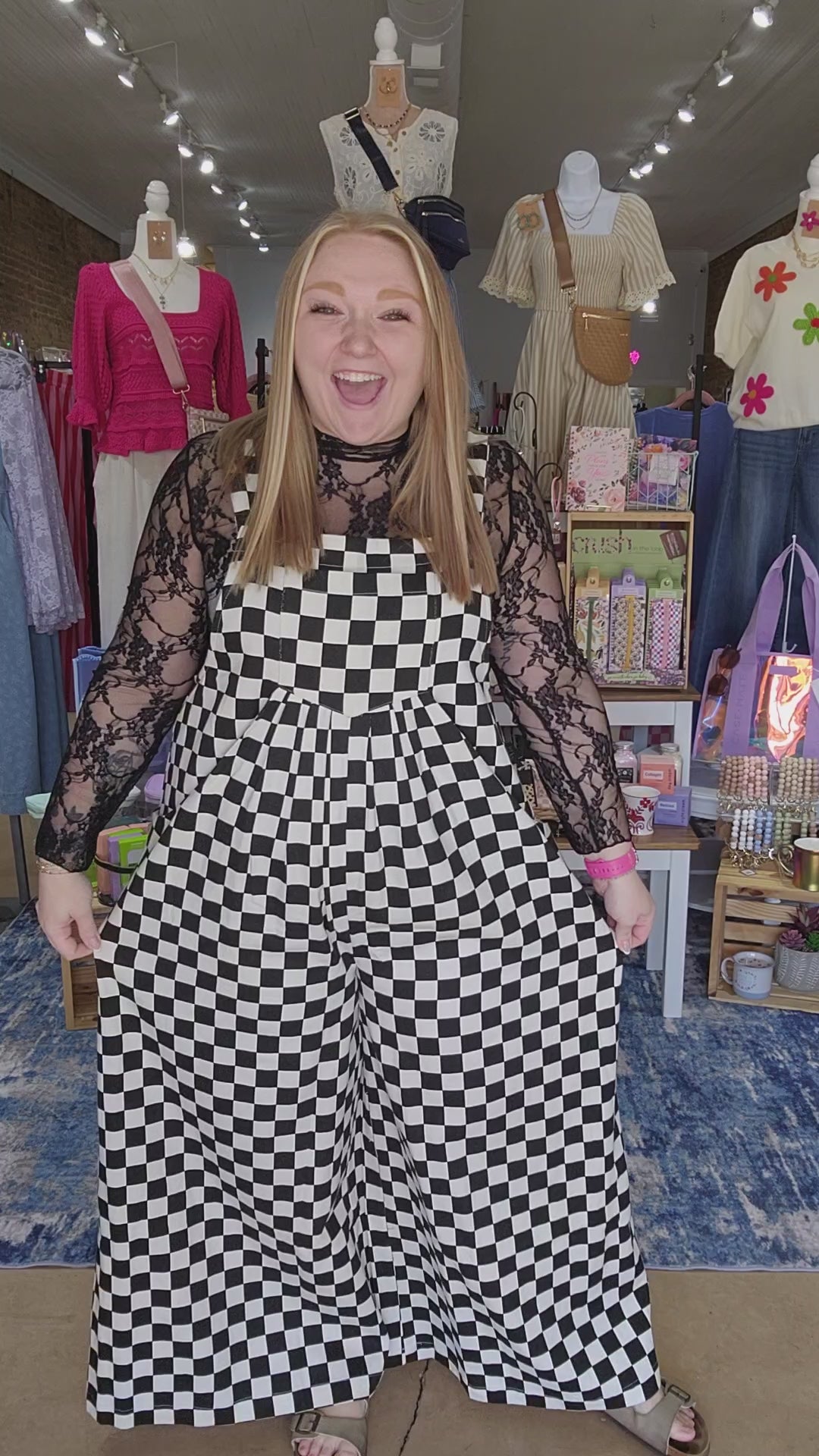 Checkered Wide Leg Overalls