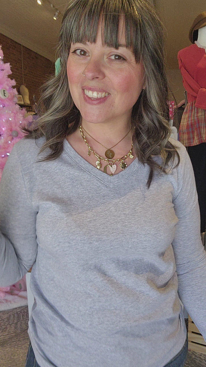 Grey V Neck Long Sleeve Tee