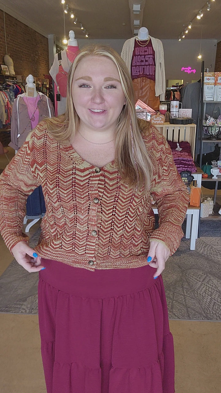 Rust Open Weave Button Cardigan